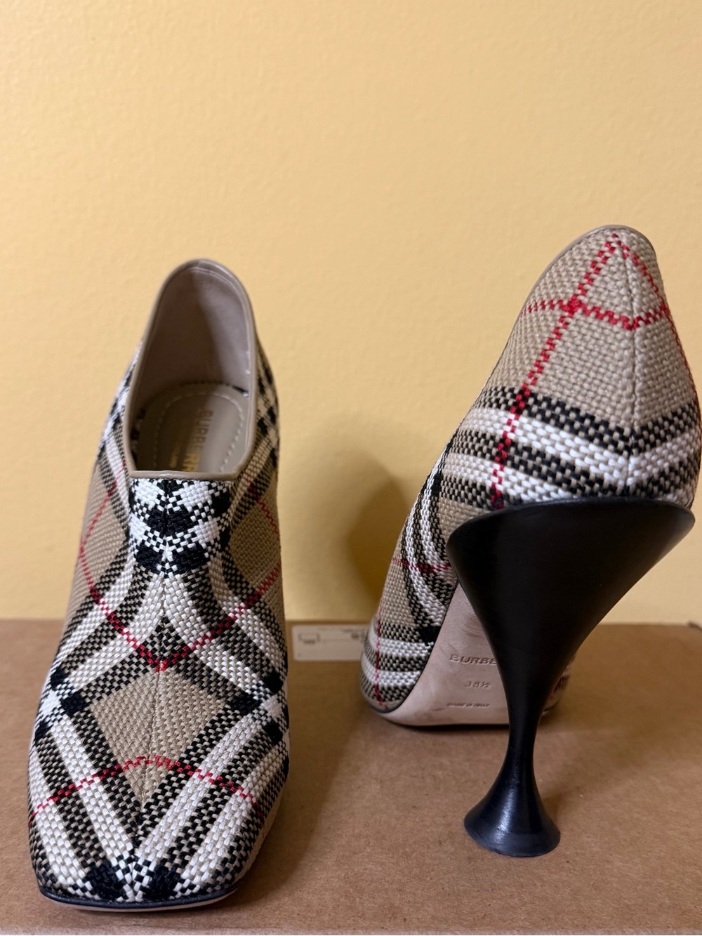 Burberry Beige Black Red Check Pointed Heel Booties